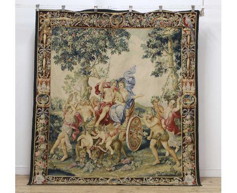 An Aubusson type neo classical tapestry 20th century, depicting cherubs and figures in a chariot drawn by Leopards to a green
