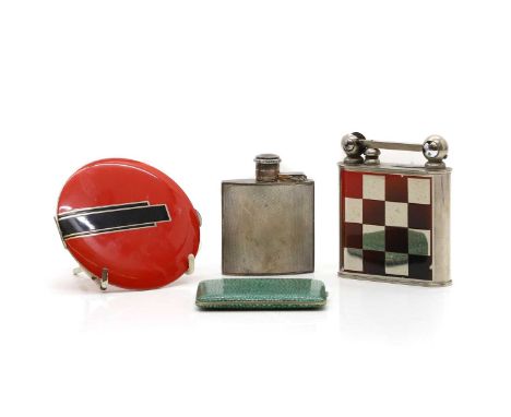 A silver hip flask, by Mappin &amp; Webb, 8.5cm high,together with a 'Flamidor' combination table lighter, 10cm high,a 'Flapj