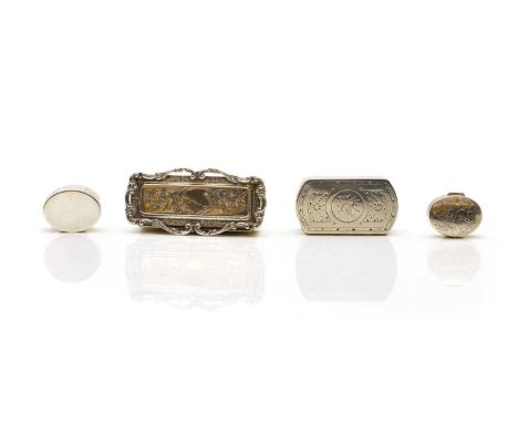 A collection of silver boxes comprising a rectangular snuff box, Chester 1906, 9.5cm wide, another with engraved decoration, 