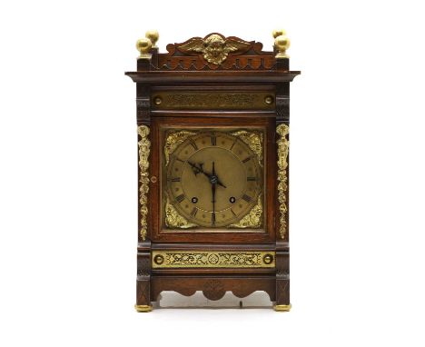A eight day mantel oak and gilt-brass clock by Winterhalder-Hofmeier late 19th/early 20th century, German, the 6.5inch dial w