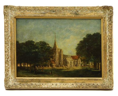 East Anglian School, 19th century 'Leiston Church, near Saxmundham',oil on panel, with title in pencil verso, a label reading