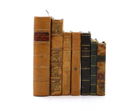 A collection of leather books  including Reflections on the Works of God, The Telescope and Microscope by Thomas Dick, Les Fl