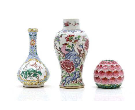 A Chinese famille rose vase, 20th century, of baluster form, painted with pheasants standing on a rock, among peony and other