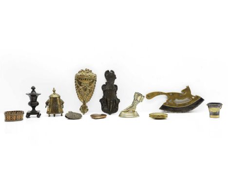 A collection of brass and other collectables  19th century and later, to include a brass herb chopper with fox surmount, bras