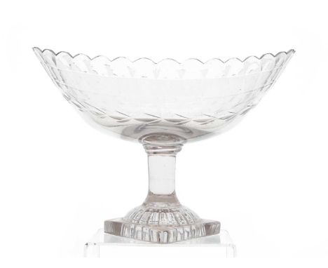 An Irish cut-glass pedestal bowl c.1800, the navette form bowl with a cut rim, over a short plain stem and moulded lemon sque