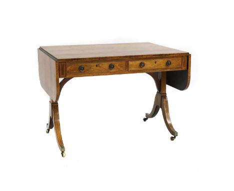 A Regency rosewood and boxwood strung sofa table, 158cm open, 101.5cm closed70.5cm deep71cm highCondition ReportSome spotting