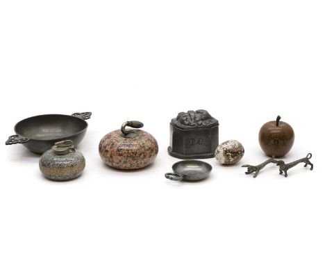 A collection of metalware, 19th century and later, a lead tobacco box, cover and lid, 9.5cm wide, a twin-handled pewter quaic