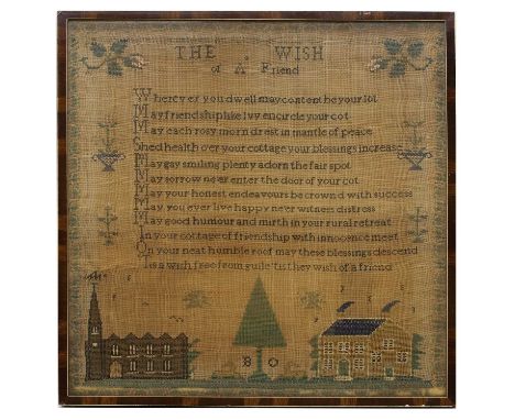 A needlework sampler, 19th century, inscribed 'the wish of a friend', silks on linen, initialled B.D. circa 1830,49 x 46cmsPr