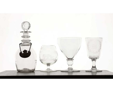 A collection of glassware, comprising, eleven wine glasses, engraved 'S' initials, within a laurel, 15cm high,six brandy glas