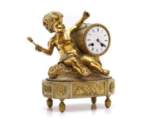 A French gilt metal mantel clock,  late 19th century, the white enamel dial with Roman numerals above figural decorated panel
