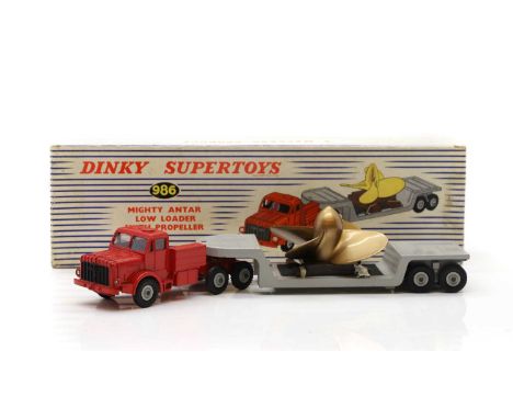 A Dinky Supertoys Mighty Antar low Loader with propeller Model 986, in original blue and white striped box with insert32cm wi
