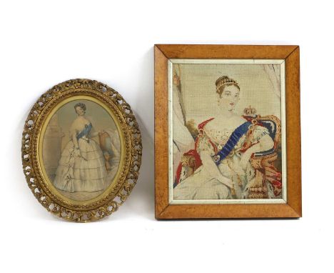 A woolwork picture of Queen Victoria, in a maple frame, 54 x 45cm together with an oval portrait of Queen Victoria, mezzotint