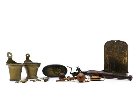 A group of collectables,  comprising an antique tinder pistol, 21.5cm wide, two brass wall buckets, a copper wall light, embo