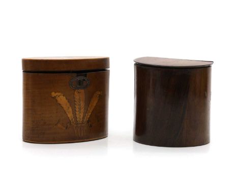A George III satinwood inlaid oval tea caddy, the front inlaid with the Prince of Wales feathers, 14.5cm wide, together with 