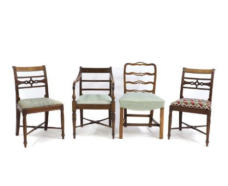 A Regency elbow chair, and a matching pair of chairs, elbow, 50cm wide 52cm deep86cm high, seat 45cm,a ladder-back dining cha