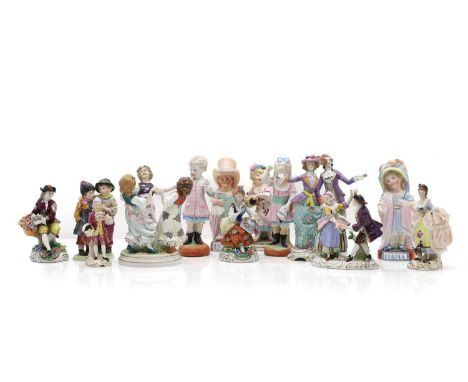 A collection of Continental porcelain figures, 20th century, Rudlostadt and Sitzendorf, to include and pair of figures, inscr