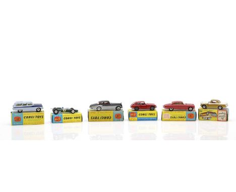 six various corgi die cast models M.G.B. G.T. 327, Lotus climax formula 1 racing car 155, Bentley continental sports saloon b