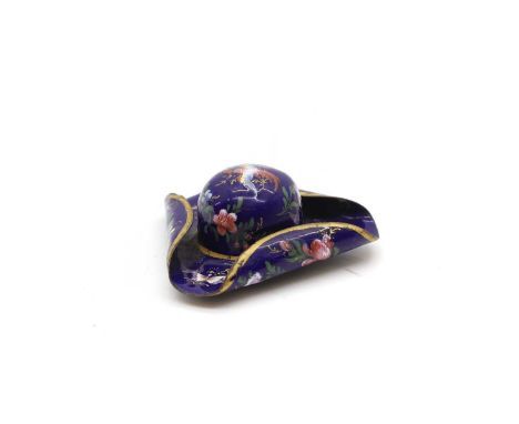 An enamelled snuff box  19th century, French, in the form of a tricorn hat, decorated with a bird, to flowers and butterflies