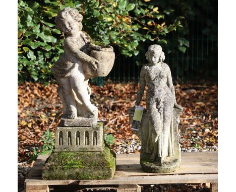 Two reconstituted garden ornaments, 20th century, one raised on a plinth, 99cm and 76cm high (2)Condition ReportFair. Weather