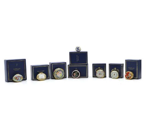 Eight Halcyon Days enamel patch pots, modern, all with boxes, largest 6cm diameter (9)Condition ReportBoxes with wear - ename