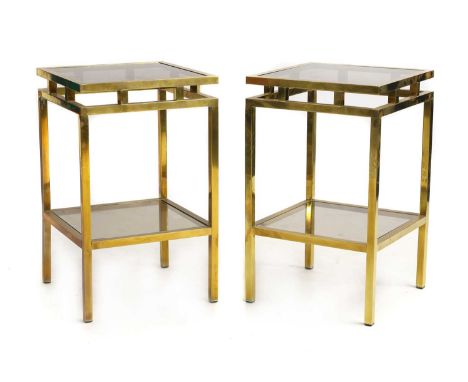 A pair of modernist gilt-metal side tables, of recent manufacture, each with an inset square glass tops and undertiers, raise