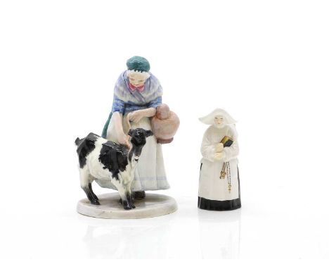 A Royal Worcester 'Goat Woman', modelled by Phoebe Stabler, numbered '2886', 14.5cm high;and a Royal Worcester nun candle snu