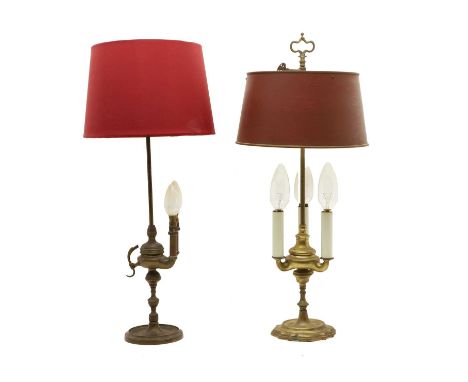 Two brass oil lamp form table lamps, 20th century, both adjustable, one with two bulbs, the other with three and a metal shad