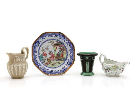 A Derby porcelain cotton stem moulded sauce boat,  c.1760  19cm wide 10cm deep 12cm high  together with a spode, chinese expo