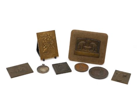 Five cast and patinated bronze plaques, 20th century, comprising one cast with a portrait of Beethoven, the reverse with an a