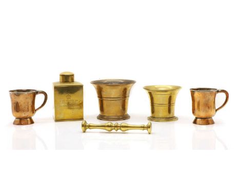 A collection of brass items  18th century and later, comprising a tea caddy, with an inscription commemorating the coronation