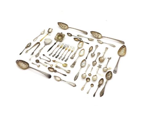 A cased set of four matched silver berry spoons, Georgian, and a collection of mixed flatware, mostly silver, (qty)Condition 
