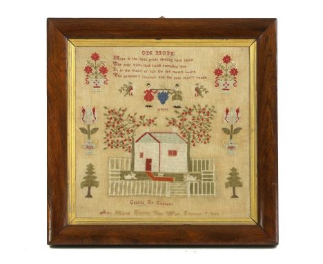 A needlework sampler,  by Ann, dated 1842, woven with silks on linen, with a poem titled 'On Hope', above a depiction of figu