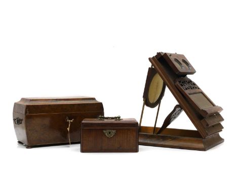 A Victorian burr walnut stereoscopic viewer, 38cm wide, together a mahogany and a burrwood tea caddy,19th century,31cm and 19