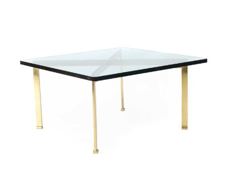 A modernist brass coffee table, of recent manufacture, with a thick square glass top and an X-frame base, 86cm wide86cm deep4