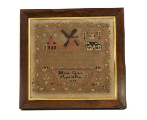 A needlework sampler,  by Hannah Carter, aged 10 years 1846, woven with silks on linen, depicting a church, windmill, and hou