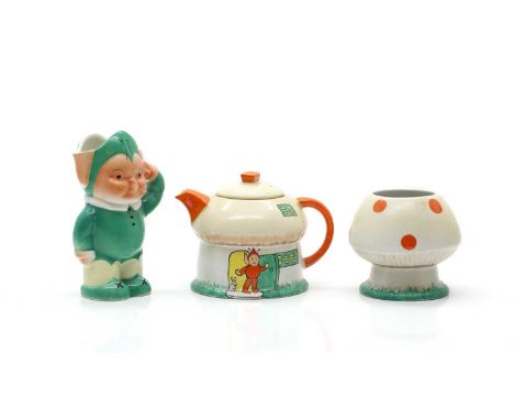 A group Shelley porcelain 'Pixie' tea wares designed by Mabel Lucy Attwell, comprising a teapot in the form of a cottage, 11c