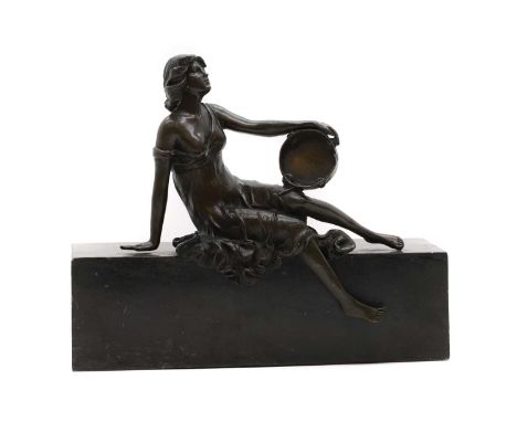 After Ferdinand Preiss 20th century, a bronze figure of a lady with a tambourine, raised on a black rectangle marble base, wi