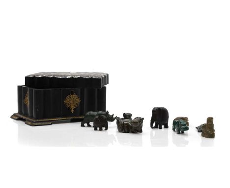 A Victorian inlaid papier mache tea caddy, mother of pearl and painted decoration, 23cm wide11.5cm hightogether with seven sm