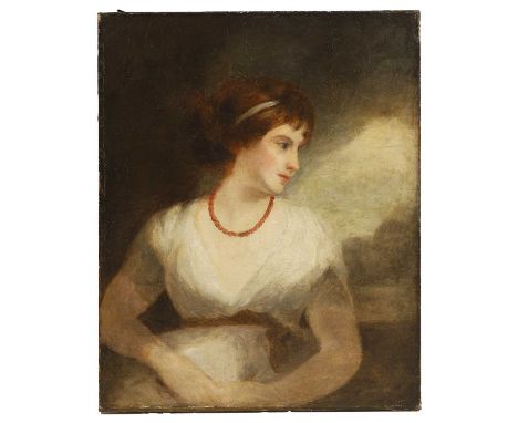 After John Hoppner, Portrait of Jane Elizabeth, Countess of Oxford, half-length, in a white dress and red necklaceoil on canv