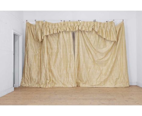 A pair of silk curtains, 20th century, each length with a pleated top, 186cm wide at pleated top edge234cm wide at bottom edg