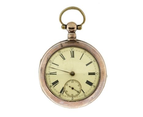 A silver pair case pocket watch, white enamel dial, black Roman numerals and outer seconds track, subsidiary dial, approx 39m