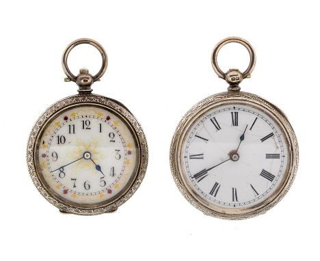 Two silver ladies open faced pocket watches, one with white enamel dial, Arabic markers. with outer seconds track and gem and