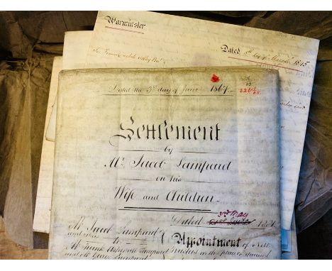 A deed box containing an extensive collection of 19th-century indentures, settlements, conveyances, leases, wills, mortgages,