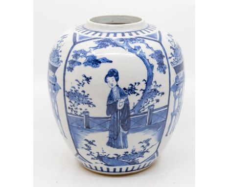 A Chinese blue and white ovoid vase, four panels with a scenes of a figure, four character mark to base, approx 18cm high, 19