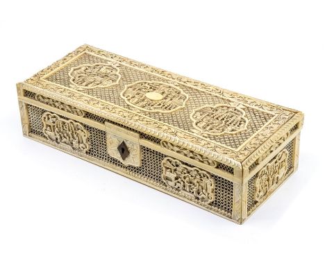 A group of Asian late 19th Century work of art to include: an ivory reticulated rectangular box, the hinged cover and sides w