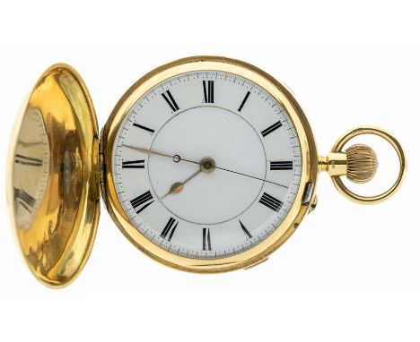 An 18ct gold hunter pocket watch, enamel dial with black Roman numerals and outer seconds track, dial approx 45mm, case appro