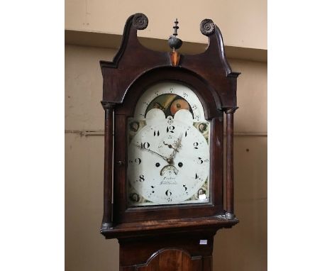 A 19th Century oak eight day longcase clock, swan neck pediment, arched painted dial with lunar equation and shell spandrels,
