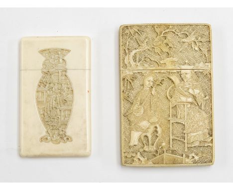 A 19th Century Chinese profusely carved ivory calling card case, one side depicting Gentleman wearing mandarin hat, robes and