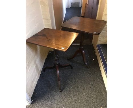 Two George III mahogany tilt top occasional tables, rectangular tops, one ebony strung, baluster columns, tripod bases, width