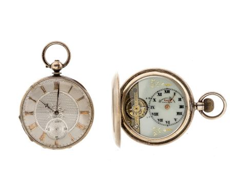 A silver open faced pocket watch, silvered dial with applied gold tone Roman numerals, outer seconds track with subsidiary di